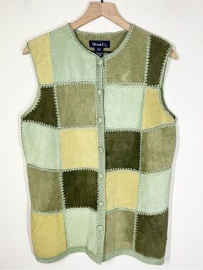 Denim & Co Patchwork Suede Leather Crochet Vest Size M Hippie Western Festival